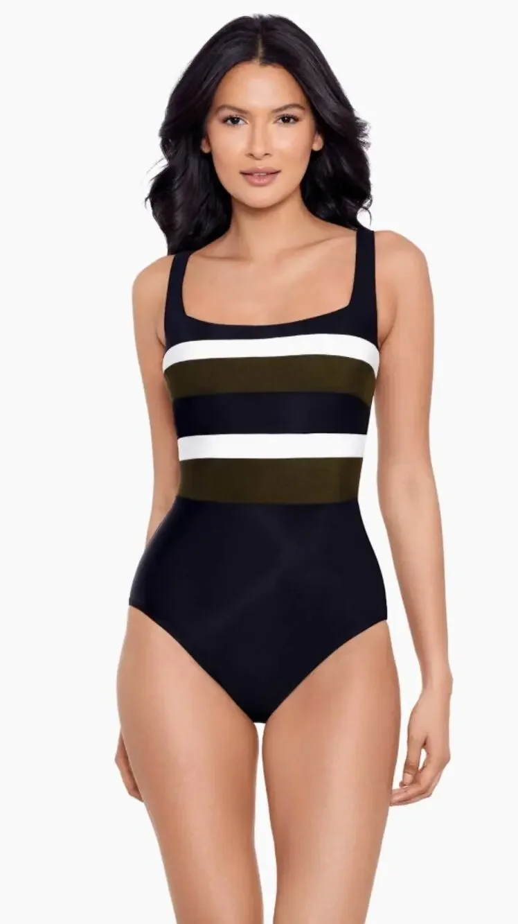 Miraclesuit Swimsuit 14 Spectra Trinity Stripe Black One Piece Tummy Control